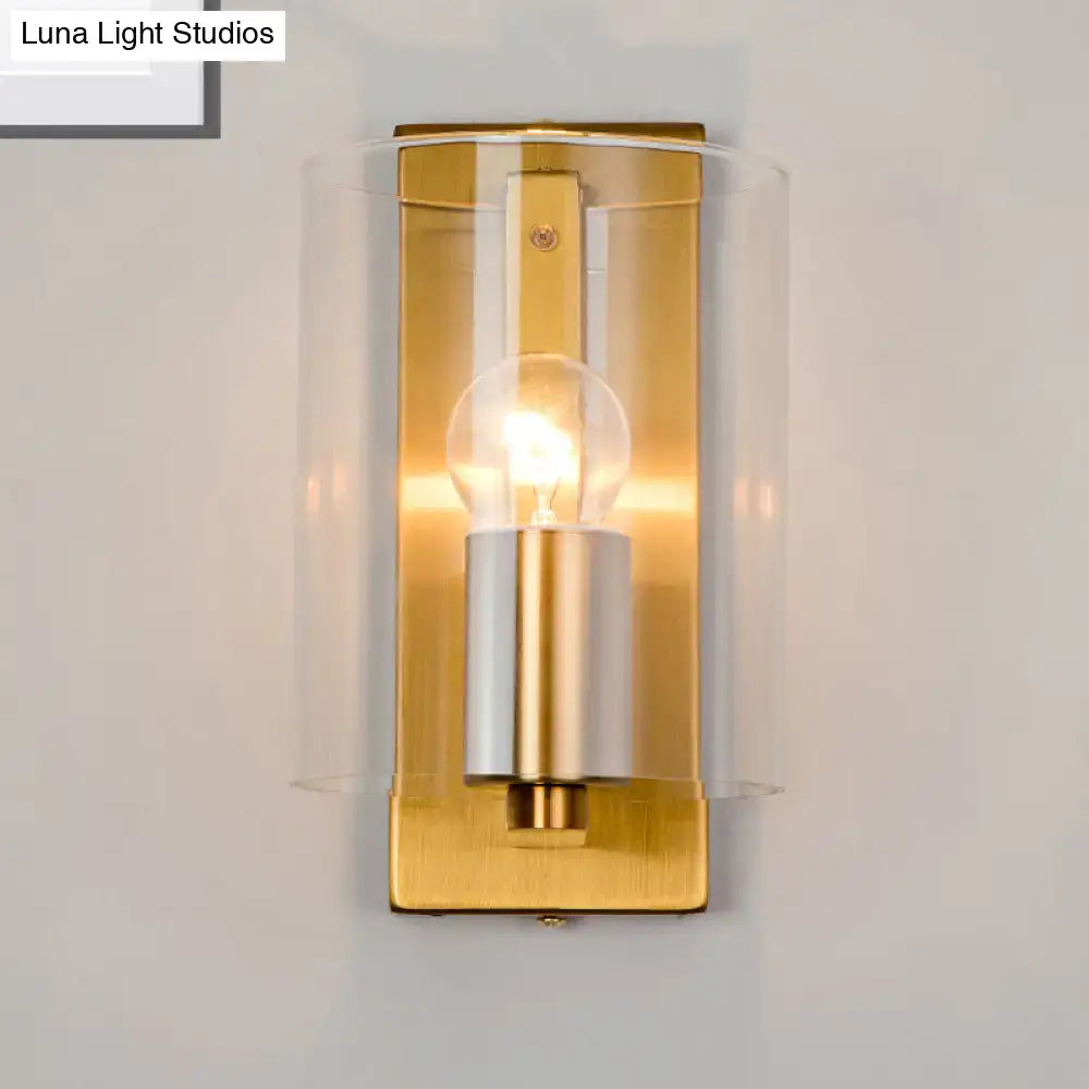 Post modern brass wall sconce with gold and brushed nickel finish featuring clear textured white glass for bedroom lighting compatible with 110v-120v 220v-240v