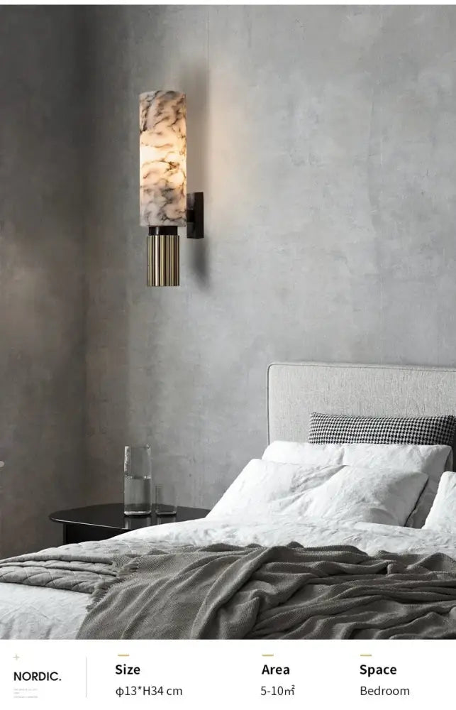 Post-modern brushed brass copper alabaster wall lamp with cylindrical marble-patterned shade for bedroom decorbites copper alabaster wall