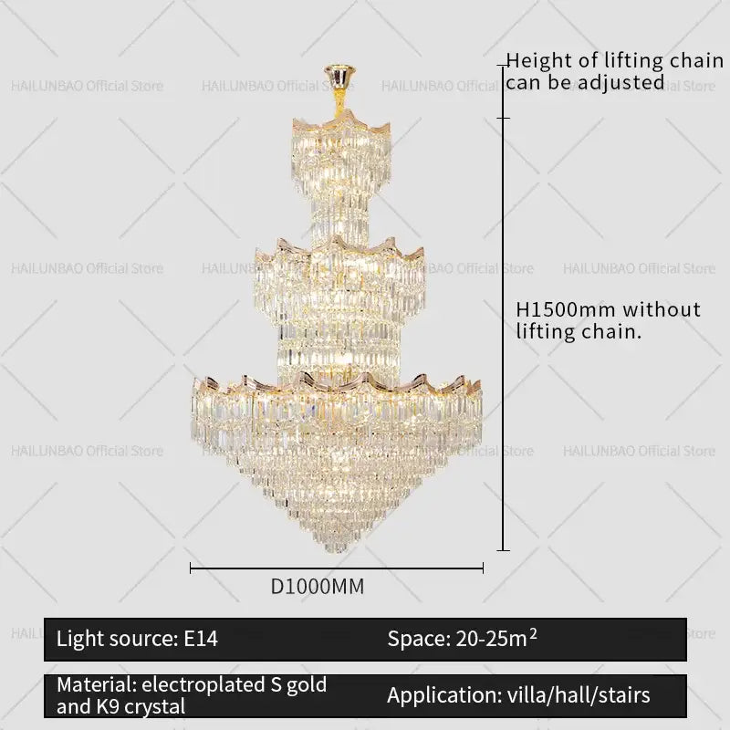 Elegant three-tiered decorbites crystal duplex chandelier with gold electroplated k9 crystals for villa lighting