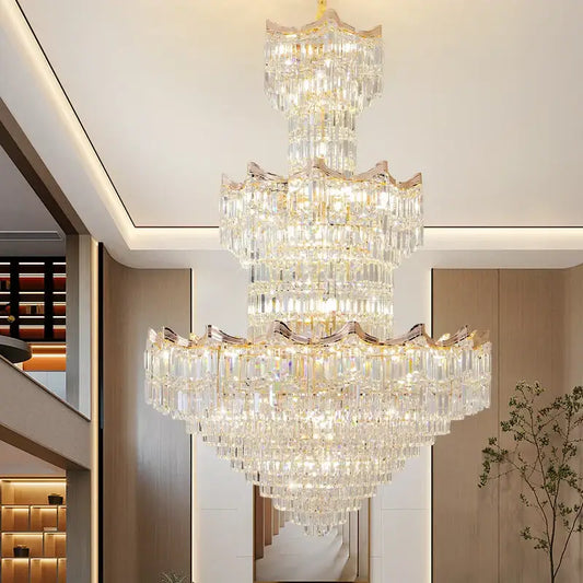 Post modern gold crystal duplex chandelier with cascading clear glass prisms by decorbites crystal duplex for living room lighting