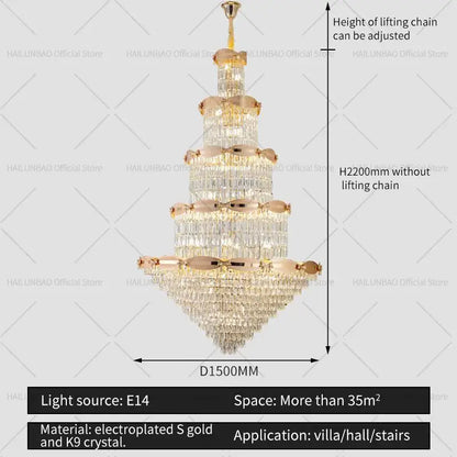Post-modern gold grand hall crystal chandelier with golden electroplated frame and k9 crystal elements decorbites grand hall