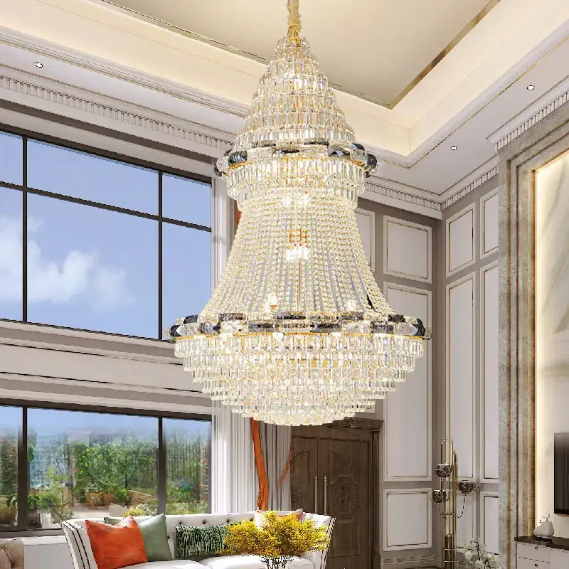 Post-modern luxury crystal chandelier with gold-toned accents and clear dark-cut crystals for light luxury decorbites light