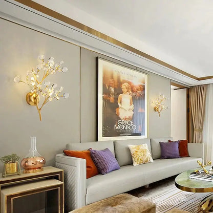 Post modern luxury gold crystal branch wall sconce with clear faceted crystals for elegant bedroom lighting