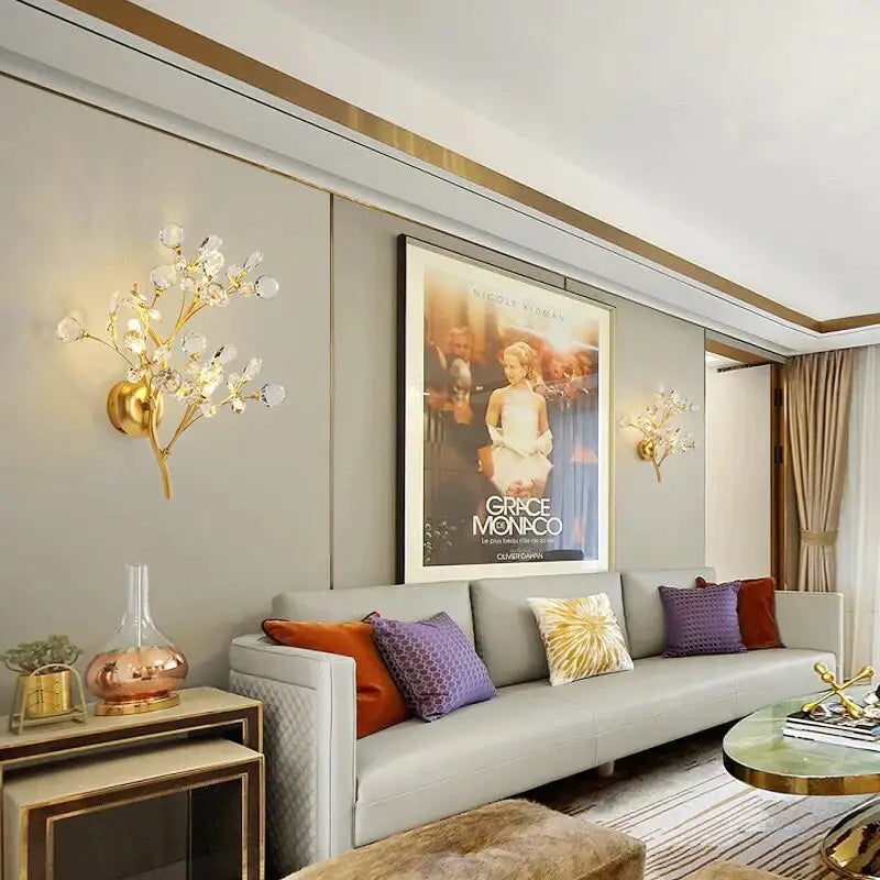 Post modern luxury gold crystal branch wall sconce with clear faceted crystals for elegant bedroom lighting