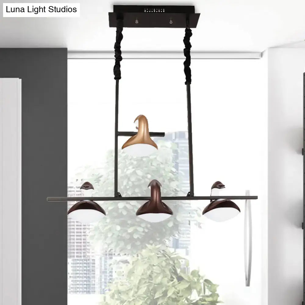 Modern black metal linear chandelier with bronze bird-shaped fixtures and white glass shades multicolored hanging pendant light