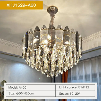 Post modern silver and brass decorbites crystal chandelier with cascading clear and dark glass prisms for living room