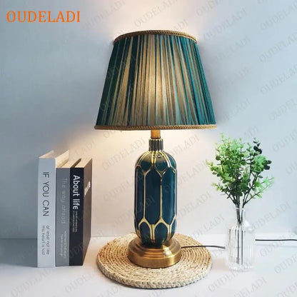 Post modern teal and gold ceramic table lamp with pleated fabric shade for bedroom lighting decorbites blue ceramic table lamp