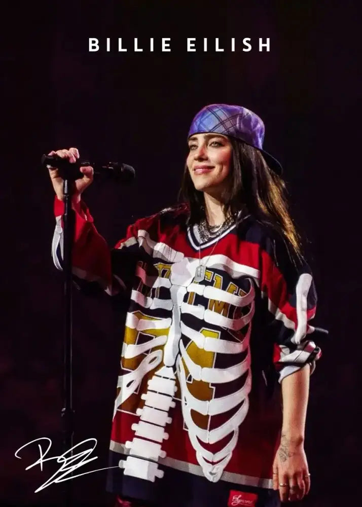 Decorbites b-billies series poster canvas art print features billie eilish in a red black and white skeleton-themed hockey jersey with gold accents