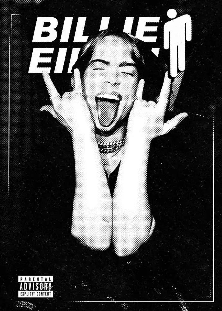 Black-and-white b-billies series poster canvas art featuring billie eilish with bold white text and a stylized male icon