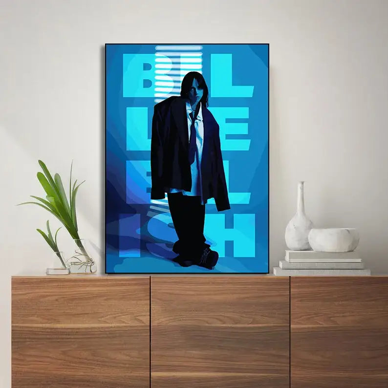 Blue-toned canvas art featuring a stylized figure and bold text in the DecorBites b-billies series poster for home decor