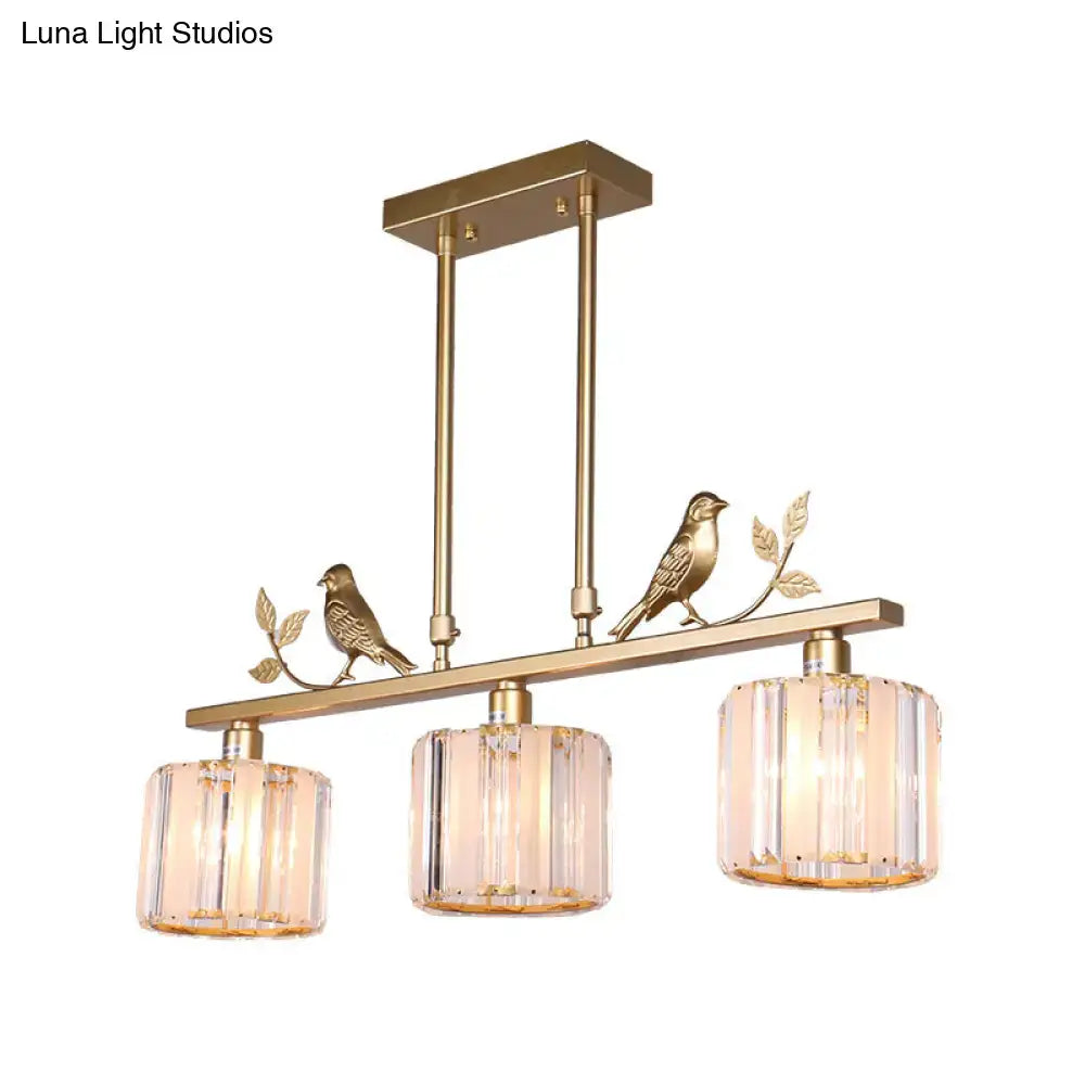 Gold-toned postmodern black gold pendant hanging island light with three crystal cylinder shades and bird decorations 220v-240v 110v-120v