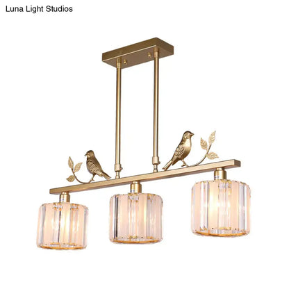 Gold-toned postmodern black gold pendant hanging island light with three crystal cylinder shades and bird decorations 220v-240v 110v-120v