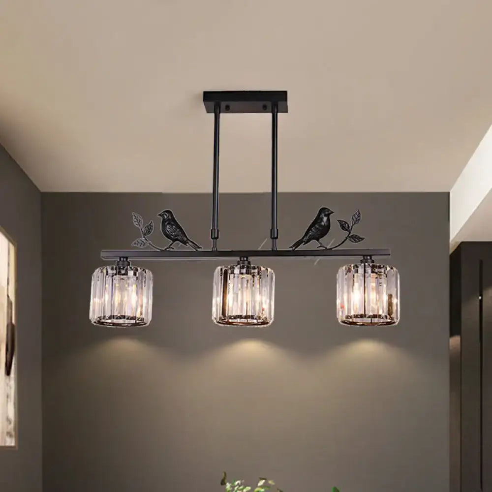Postmodern black gold metal pendant hanging island light with three crystal glass shades and decorative bird motifs 220v-240v
