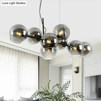 Modern black metal 8 head chandelier with clear smoke glass globe shades for dining room lighting type