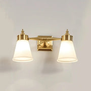 Postmodern brass wall sconce with two frosted cream glass shades for bathroom vanity lighting