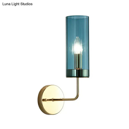 Blue cylindrical wall lamp with brass finish metal arm and mounting plate compatible with e12 e14 bulbs
