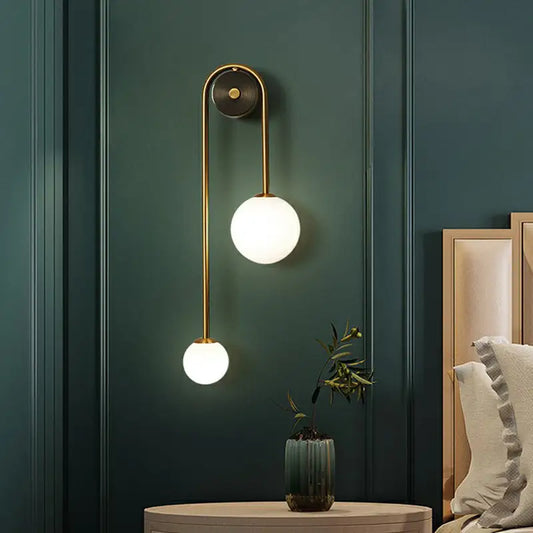 Gold-toned decorbites postmodern brass arc wall sconce light with two opal glass shade 220v-240v 110v-120v