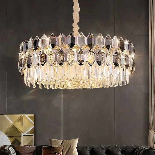 A postmodern decorbites crystal chandelier with clear and dark faceted crystals in two tiers for living room decor