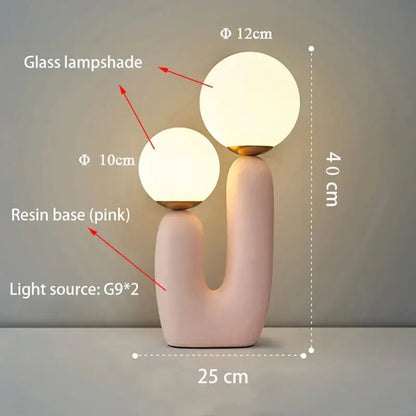 Pink resin decorbites glass table lamp with two frosted cream glass globe shades for bedroom decor