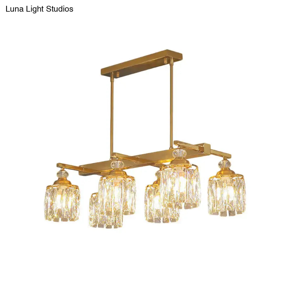 DecorBites postmodern crystal gold island lamp gold-toned light fixture with five crystal glass shades on metal frame