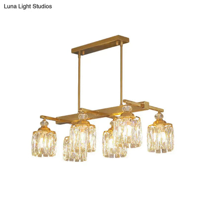 DecorBites postmodern crystal gold island lamp gold-toned light fixture with five crystal glass shades on metal frame