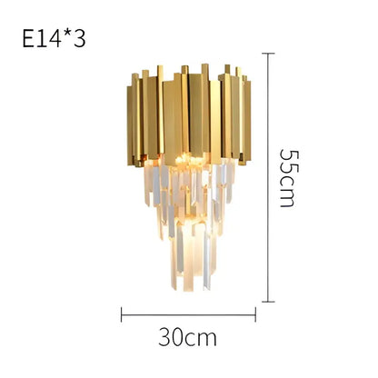 Postmodern crystal golden led wall sconce featuring three vertical gold-toned arms with cascading clear prisms decorbites crystal golden