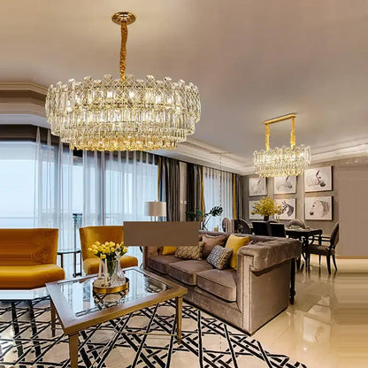Postmodern decorbites gold lustre chandelier with tiered circular design and hanging glass elements for dining room lighting