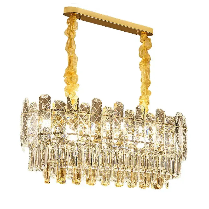 Decorbites gold lustre chandelier with gold tone cascading crystal prisms and twisted chain suspensions for dining room