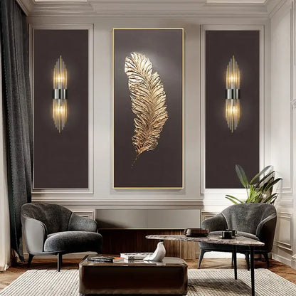 Postmodern gold and crystal copper wall lights featuring a metallic golden feather-shaped decorbites crystal copper wall art piece