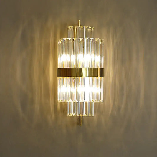 Postmodern gold and crystal wall sconce with tiered crystal rods and brass band direct wired electric 220v-240v 110v-120v