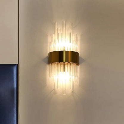 Gold-toned postmodern cylinder wall light with clear glass tubes radiating light, suitable as a 220v-240v 110v-120v wall lamp