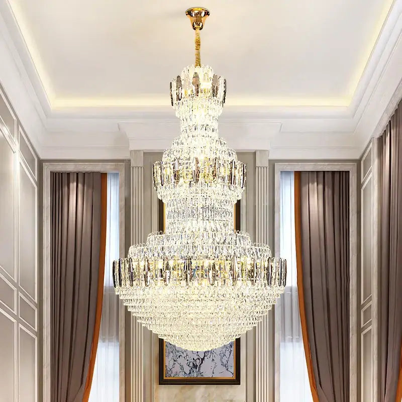 Postmodern gold and silver decorbites crystal chandelier with cascading clear faceted crystals for hotel lobby lighting