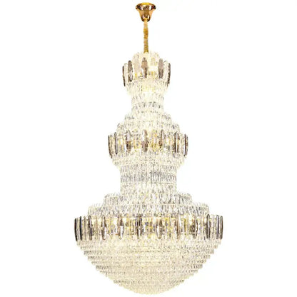 A postmodern gold and silver luxury crystal chandelier with cascading clear faceted crystals for dining room decorbites light luxury