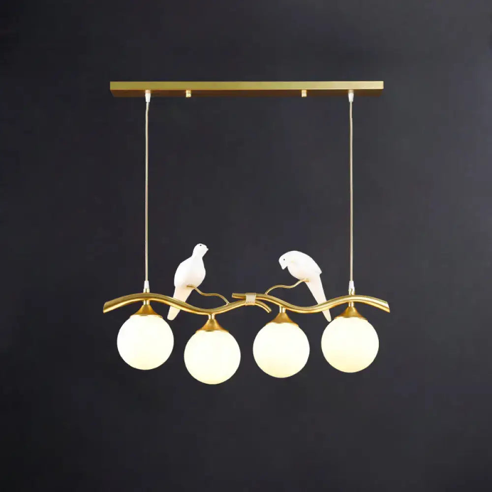 Gold-toned DecorBites sleek postmodern pendant light with bird deco, frosted glass globes, suitable for led incandescent fluorescent 110v-120v 220v-240v