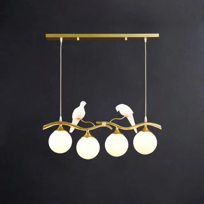 Gold-toned DecorBites sleek postmodern pendant light with bird deco, frosted glass globes, suitable for led incandescent fluorescent 110v-120v 220v-240v