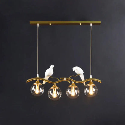 Gold-toned DecorBites™ sleek postmodern glass pendant light with white ceramic bird deco and 110v-120v led bulbs