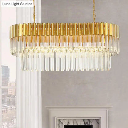 Postmodern gold and clear crystal tiered light fixture designed as an island light for dining rooms