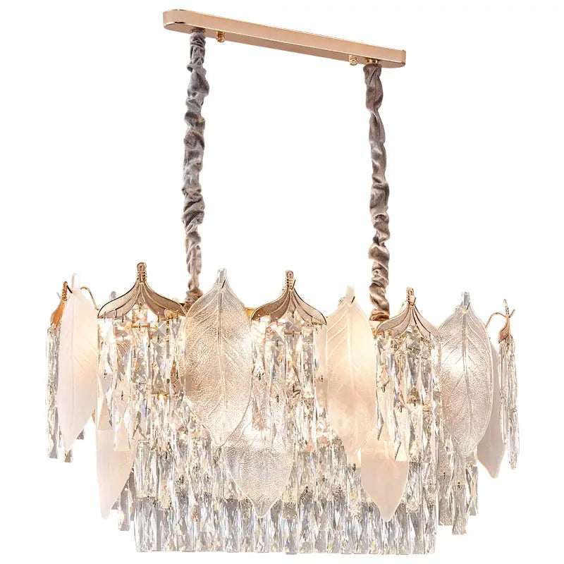 Postmodern gold crystal leaves chandelier with frosted glass and clear droplets by decorbites for living room decor
