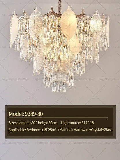 Postmodern gold crystal leaves chandelier with elegant leaf-shaped design and frosted glass accents by decorbites crystal leaves