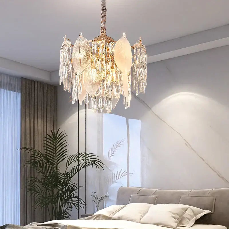 Postmodern gold crystal leaves chandelier with leaf shaped crystal and frosted glass decorbites crystal leaves for living room decor