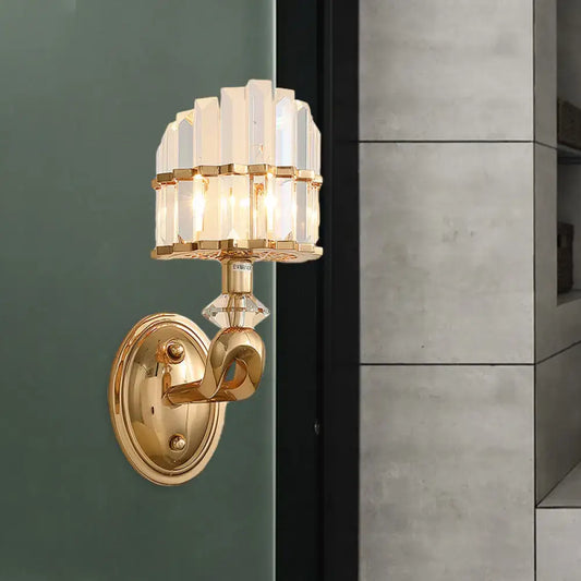 Postmodern gold wall light with tiered crystal rod prisms and central crystal drop suitable for 110v-120v and 220v-240v use