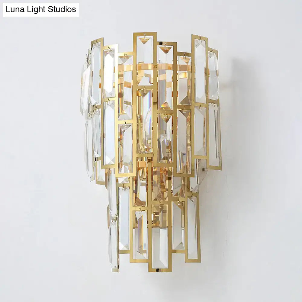 Postmodern gold crystal sconce light fixture with geometric design and cascading prisms for living room wall lamp