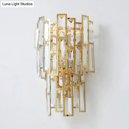 Postmodern gold crystal sconce light fixture with geometric design and cascading prisms for living room wall lamp