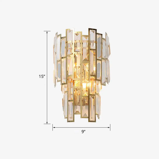 Postmodern gold-toned sconce light fixture with cascading rectangular crystal panels for living room wall lighting