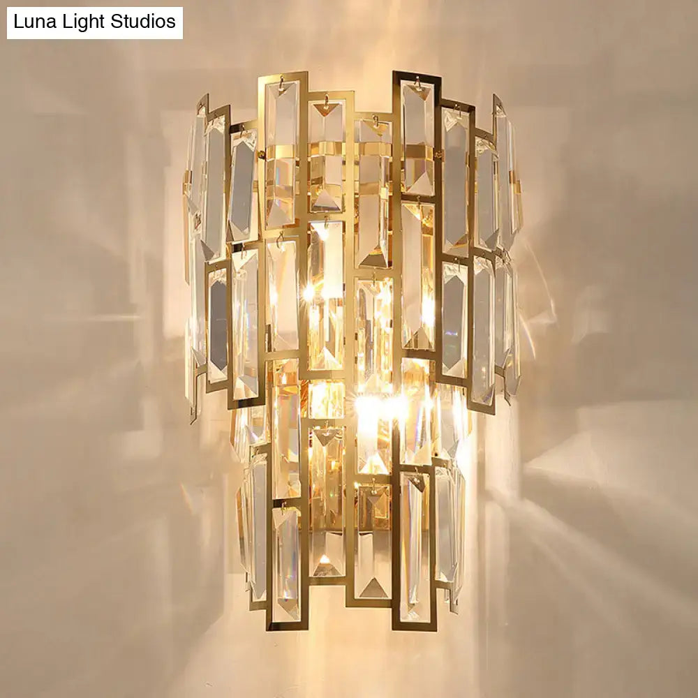 Postmodern gold crystal sconce light fixture with cascading rectangular crystals for living room wall sconce light