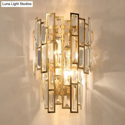 Postmodern gold crystal sconce light fixture with cascading rectangular crystals for living room wall sconce light