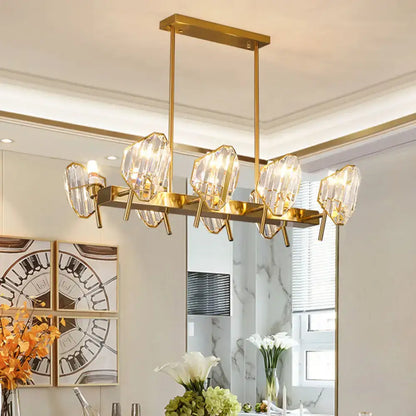 DecorBites gold crystal shield pendant light with eight faceted crystal bulbs for postmodern kitchen island lighting