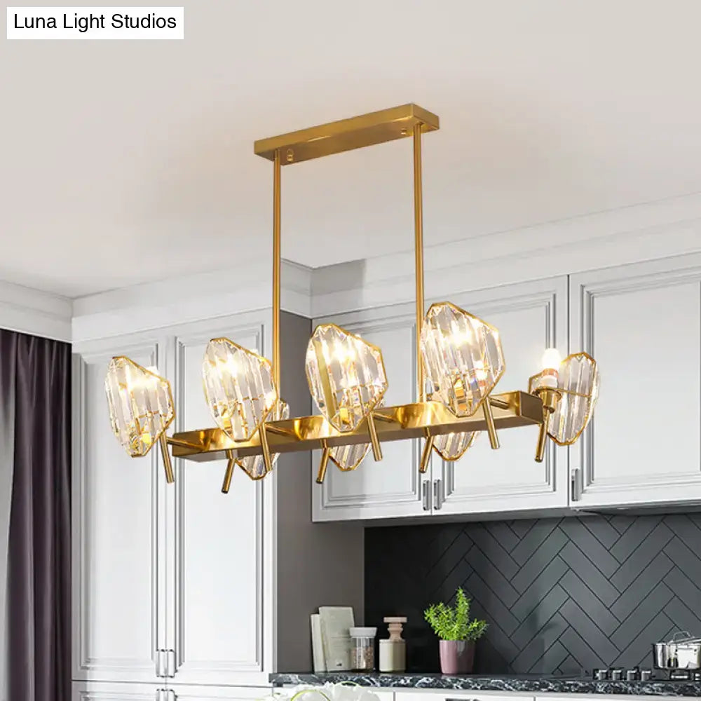 Gold-toned decorbites crystal shield pendant light with faceted crystal shades and 8 bulbs for kitchen island lighting
