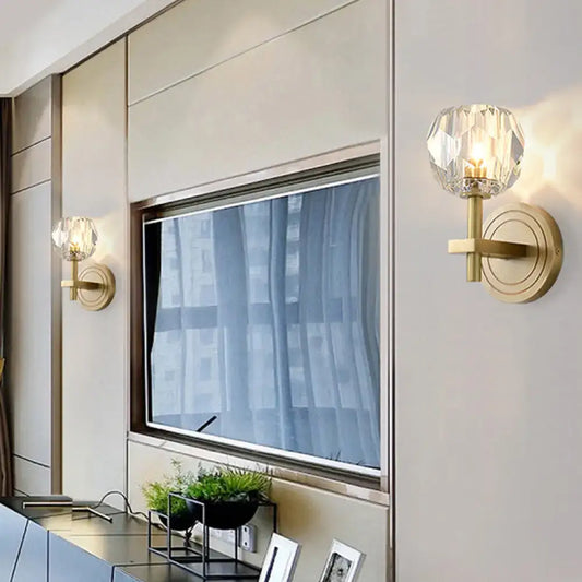 Postmodern gold crystal wall mounted light with faceted crystal globe shade for living room mounted light