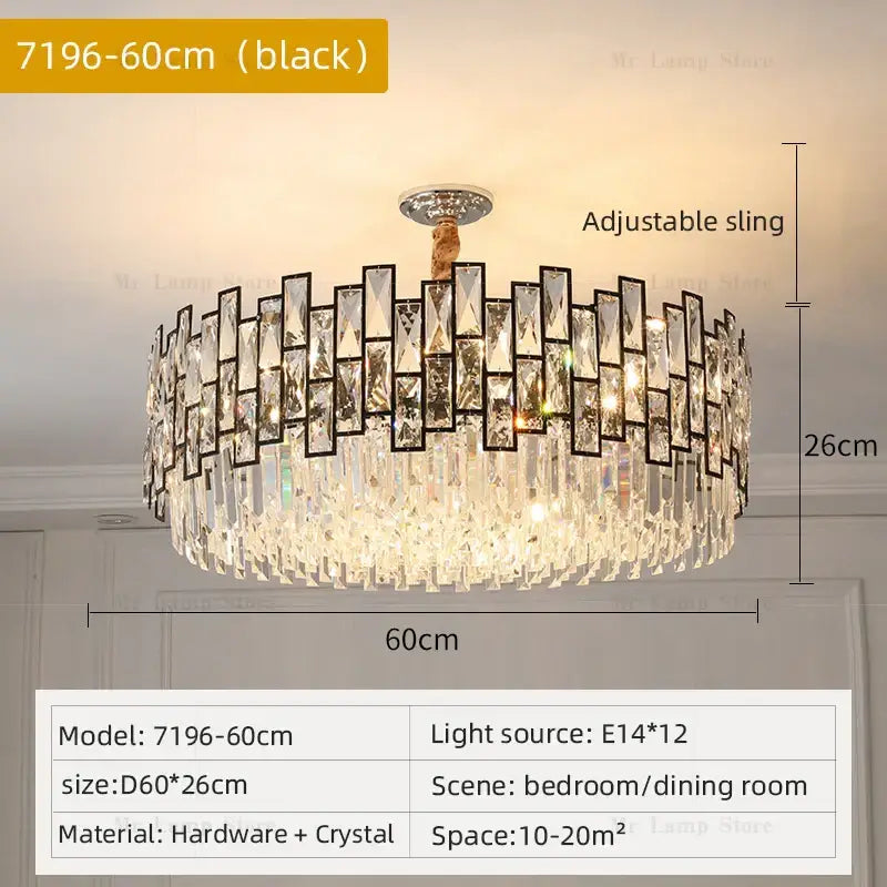 Black-framed decorbites crystal chandelier with cascading clear glass prisms and adjustable sling for living room ceiling mounting